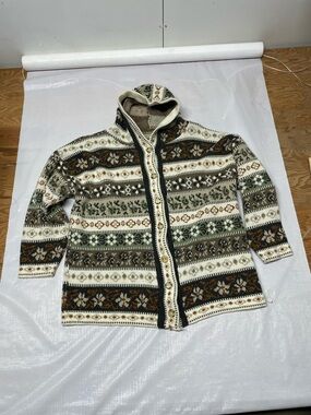 SML Sport Hooded Fair Isle Cardigan Sweater - Green, White, Brown